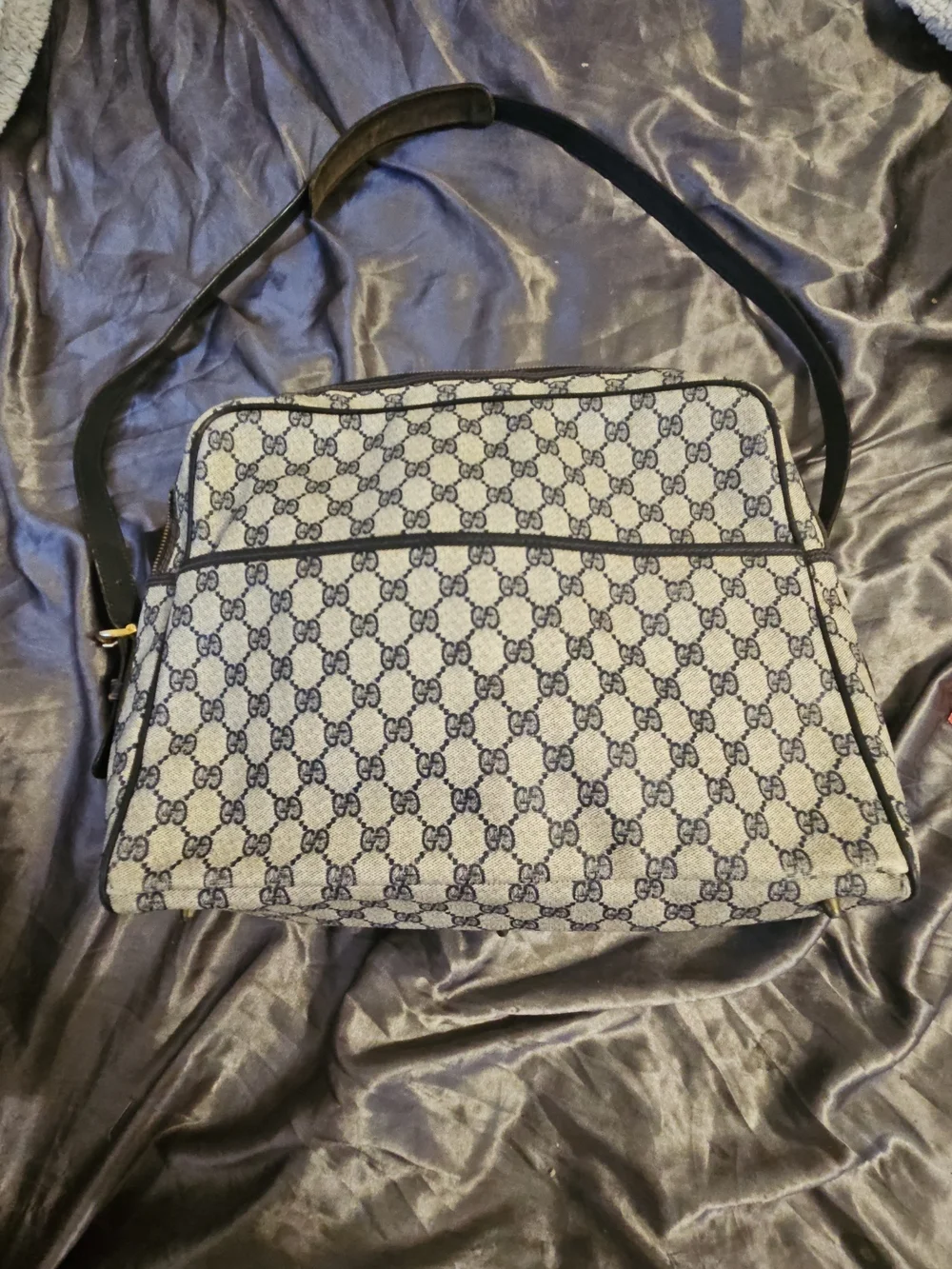 Vintage Gucci Beige and Navy Monogram Satchel